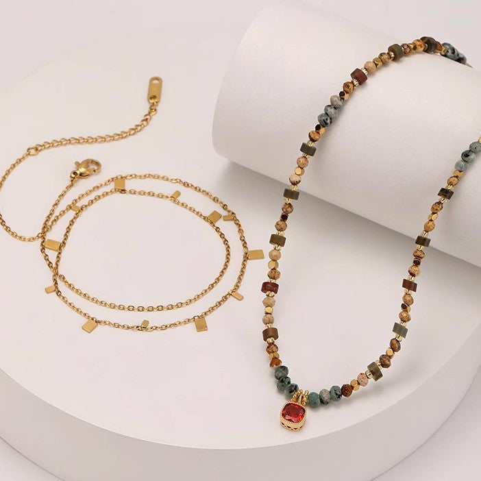 Boho Ethnic Two-Piece Layering Necklace Set, Dopamine Mixed Natural Stone Tiger Eye Beaded Choker with Red Square Cubic Zirconia Pendant & Dainty Tiny Gold Rectangle Tag Stack Chain for Women