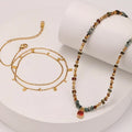 Boho Ethnic Two-Piece Layering Necklace Set, Dopamine Mixed Natural Stone Tiger Eye Beaded Choker with Red Square Cubic Zirconia Pendant & Dainty Tiny Gold Rectangle Tag Stack Chain for Women