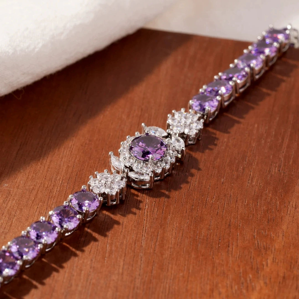 Luxury Round Amethyst Purple Cubic Zirconia Tennis Bracelet Floral Halo Central Gem Silver Plated Link Chain Extension Clasp Wedding Banquet Statement Bracelet For Women