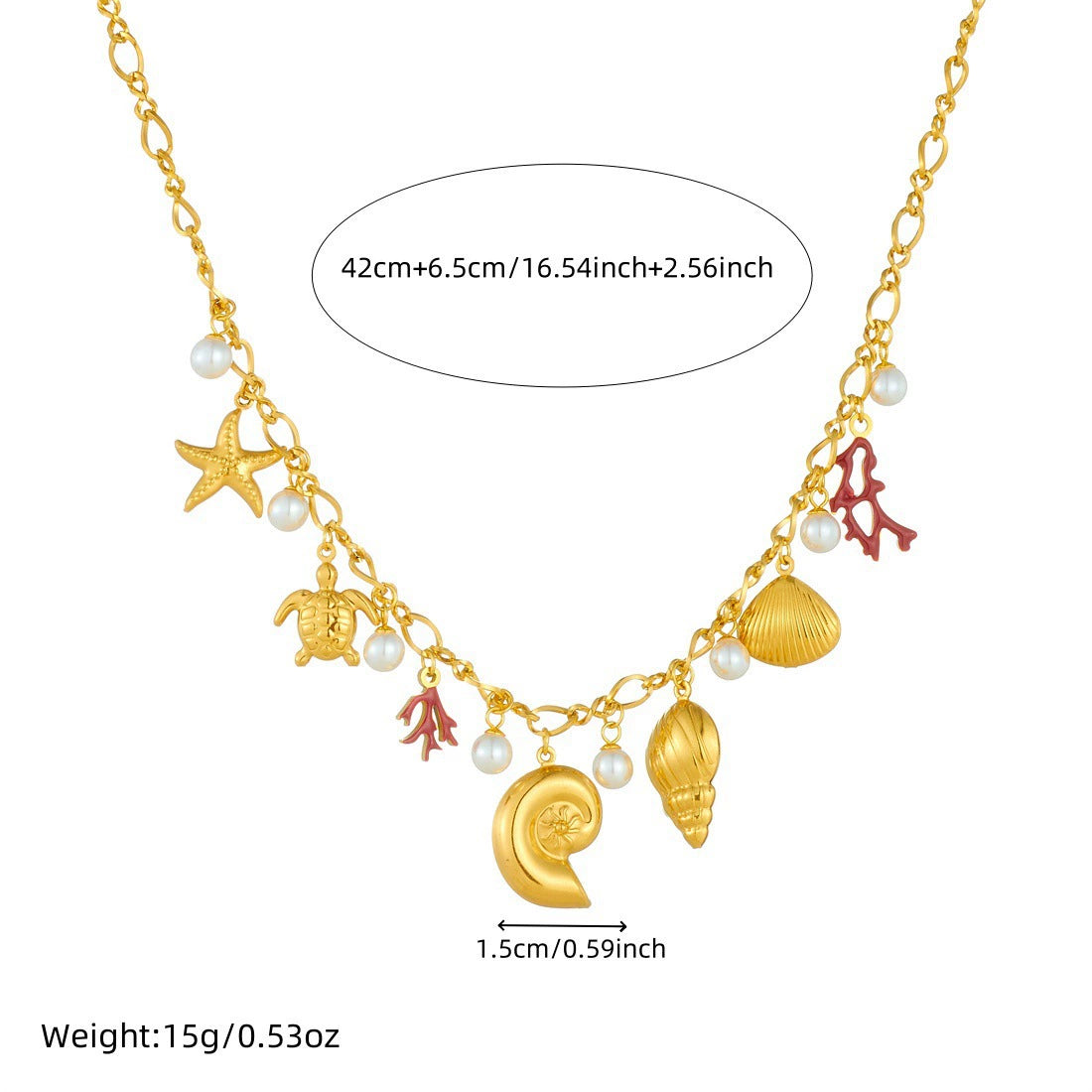 18K Gold Plated Stainless Steel Ocean Theme Charm Necklace, Adjustable Boho Sea Turtle Starfish Shell Pearl Pendant Necklace For Women
