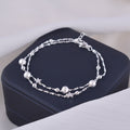 S925 Sterling Silver Double Layer Star Bracelet, Dainty Two-Strand Wrist Chain with Matte Frosted Silver Beads & Tiny Five-Pointed Star Charms Adjustable Extension Chain Minimalist Jewelry Gift for Women