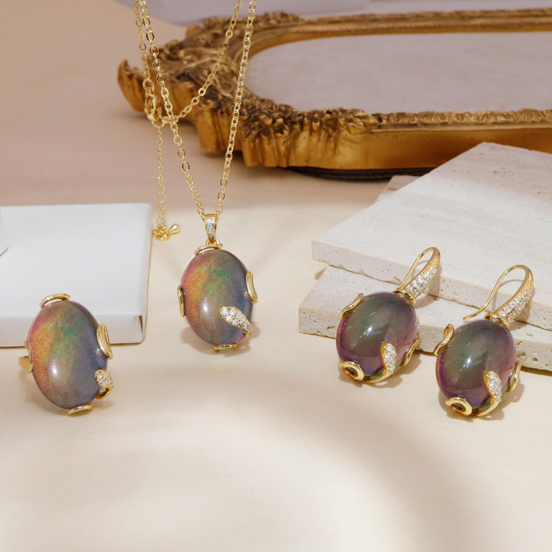 Thermochromic Temperature Sensitive Color Shift Gem Jewelry Kit Oval Mood Stone Drop Earring Adjustable Band Ring Chain Necklace