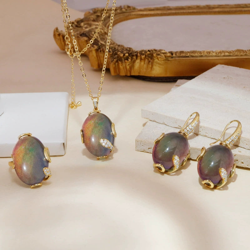 Thermochromic Temperature Sensitive Color Shift Gem Jewelry Kit Oval Mood Stone Drop Earring Adjustable Band Ring Chain Necklace