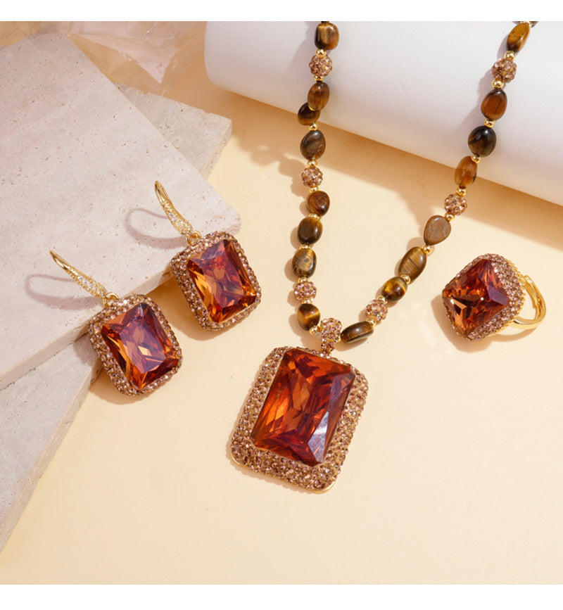 Vintage Orange Sultan Stone 3Pcs Jewelry Set Natural Tiger Eye Beaded Necklace Drop Earrings Cocktail Ring Gold Plated Retro Women