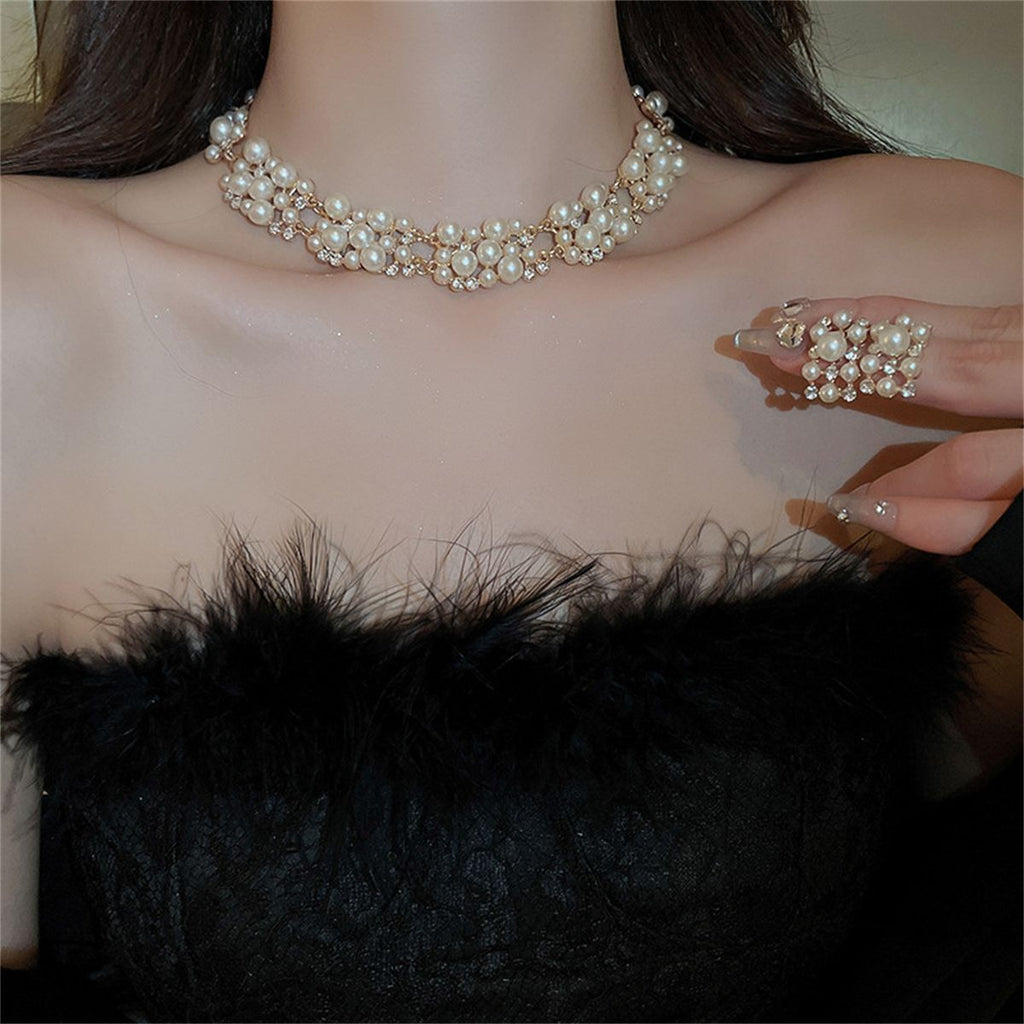 Multi-Size Faux Pearl Rhinestone Choker Jewelry Set, Necklace & Stud Earrings