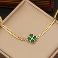 18K Gold Plated Stainless Steel Four Leaf Clover Jewelry Set, Tarnish Resistant Heart Emerald Zircon Cuban Chain Necklace Bracelet Hoop Earrings Set For Women