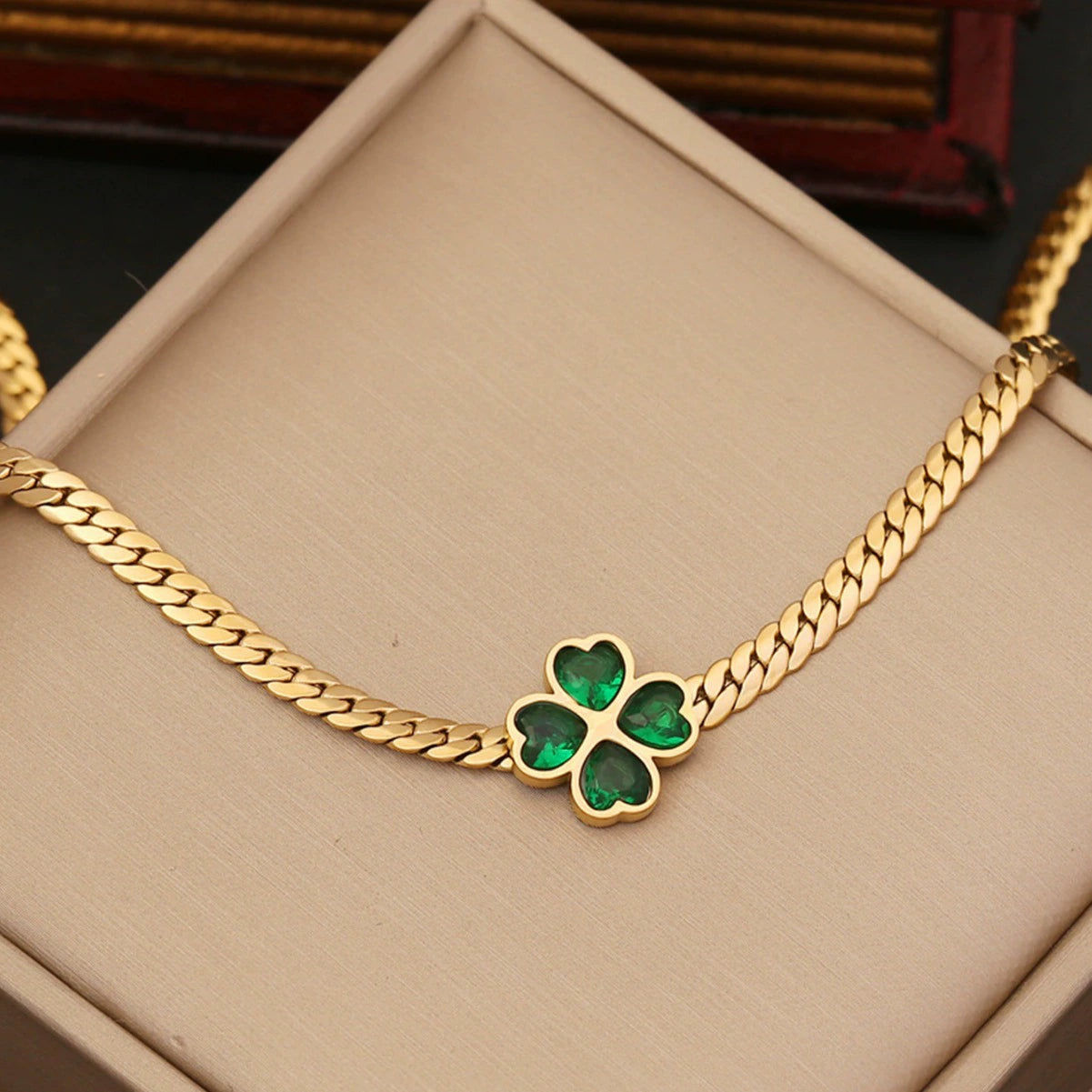 18K Gold Plated Stainless Steel Four Leaf Clover Jewelry Set, Tarnish Resistant Heart Emerald Zircon Cuban Chain Necklace Bracelet Hoop Earrings Set For Women