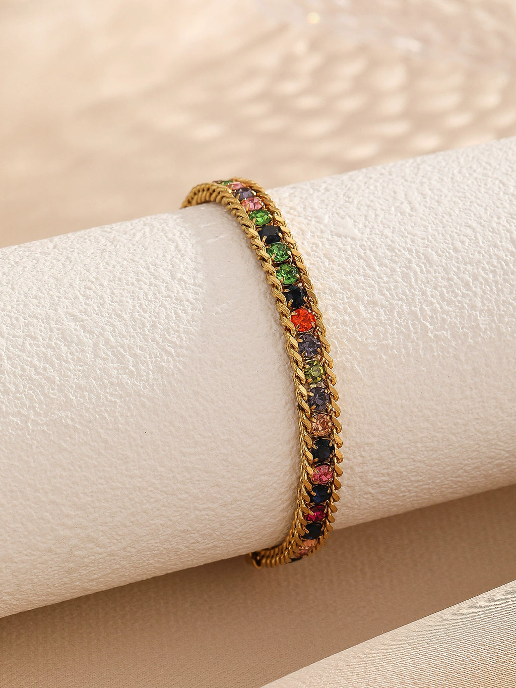 Gold Plated Cuban Link Color Zircon Bracelet, Stainless Steel Hypoallergenic Adjustable Trendy Bangle