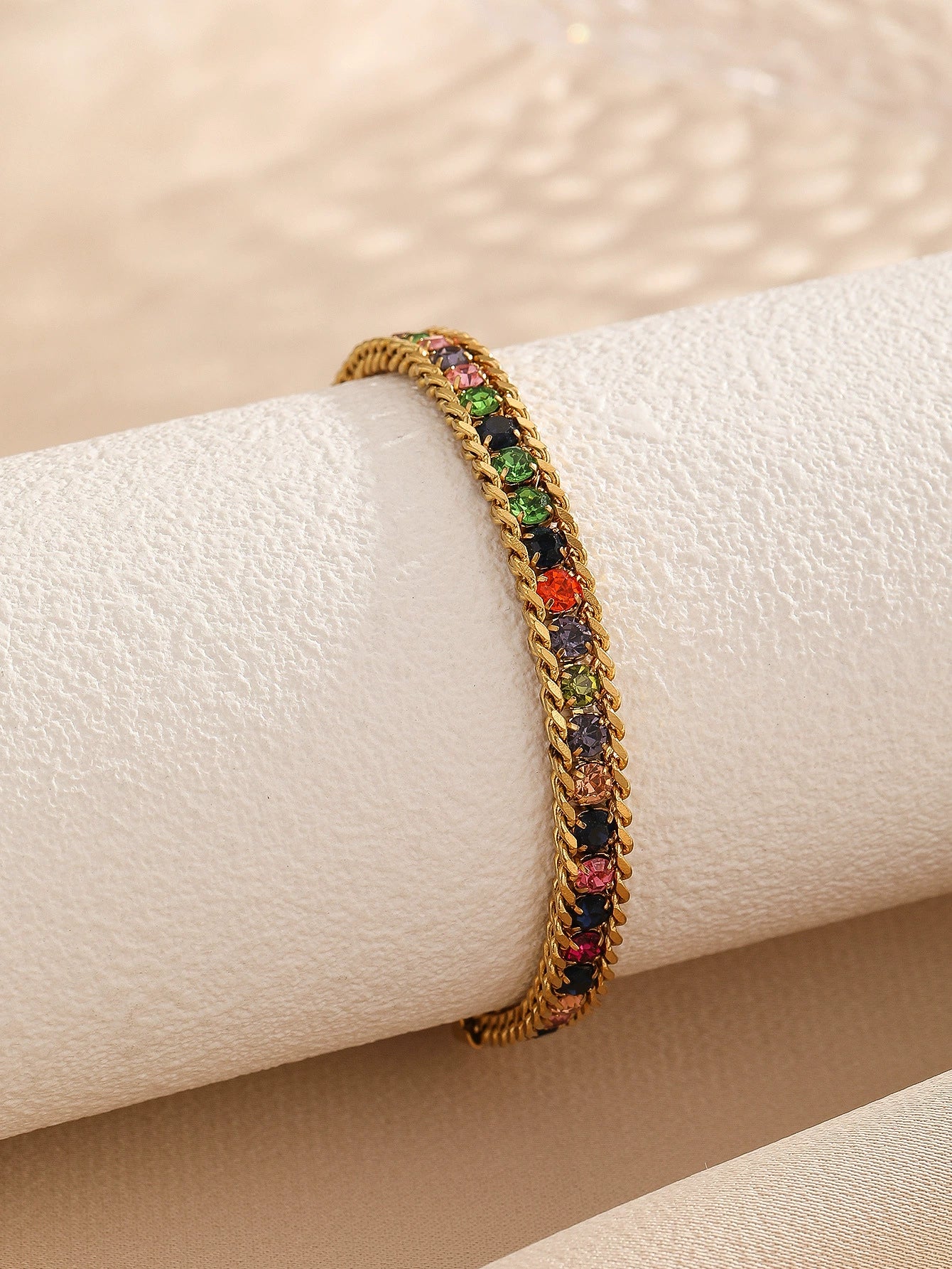 Gold Plated Cuban Link Color Zircon Bracelet, Stainless Steel Hypoallergenic Adjustable Trendy Bangle