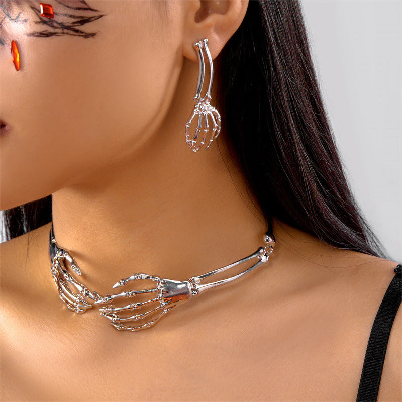 Gothic Skeleton Hand Jewelry Set, Vintage Skull Bone Choker Necklace & Drop Earrings Set Halloween Punk Statement Jewelry For Women