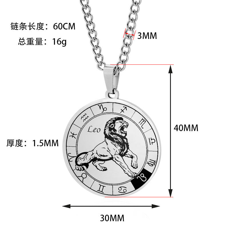 12 Zodiac Sign Stainless Steel Pendant Necklace Engraved Horoscope Coin 60cm Curb Chain Unisex Gift