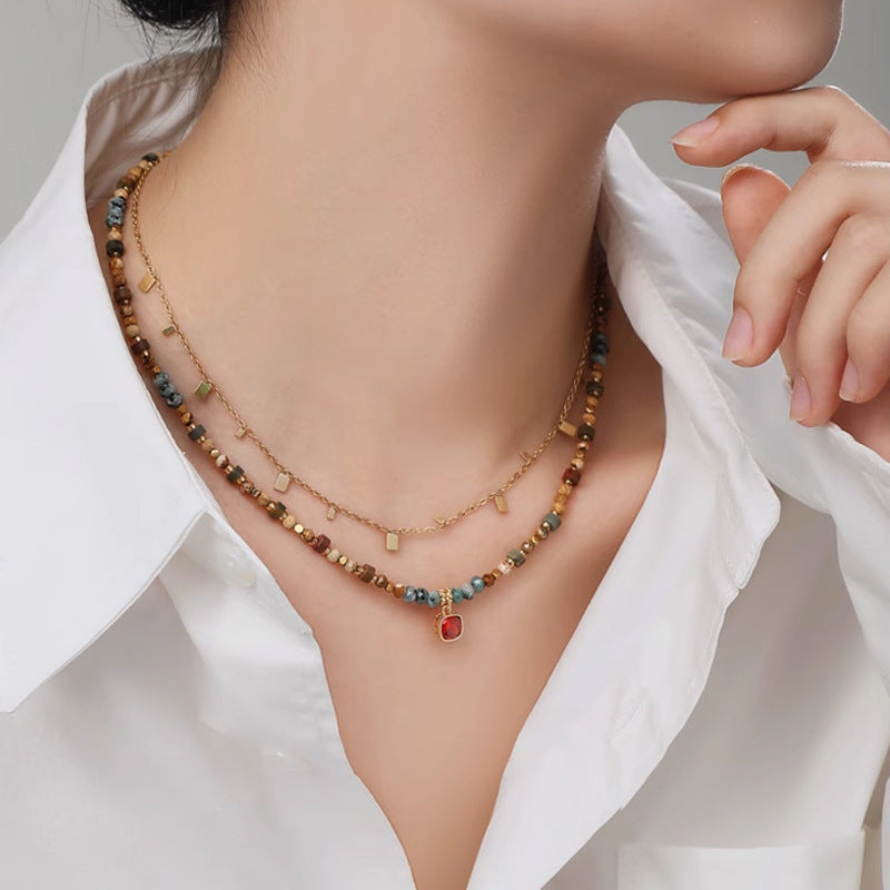Boho Ethnic Two-Piece Layering Necklace Set, Dopamine Mixed Natural Stone Tiger Eye Beaded Choker with Red Square Cubic Zirconia Pendant & Dainty Tiny Gold Rectangle Tag Stack Chain for Women