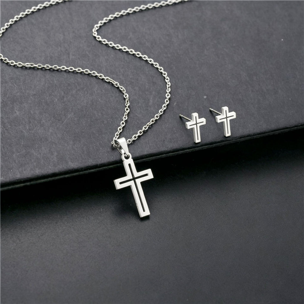 Stainless Steel Hollow Cross Necklace Earring Set Gold Silver Minimal Christian Religious Jewelry Gift