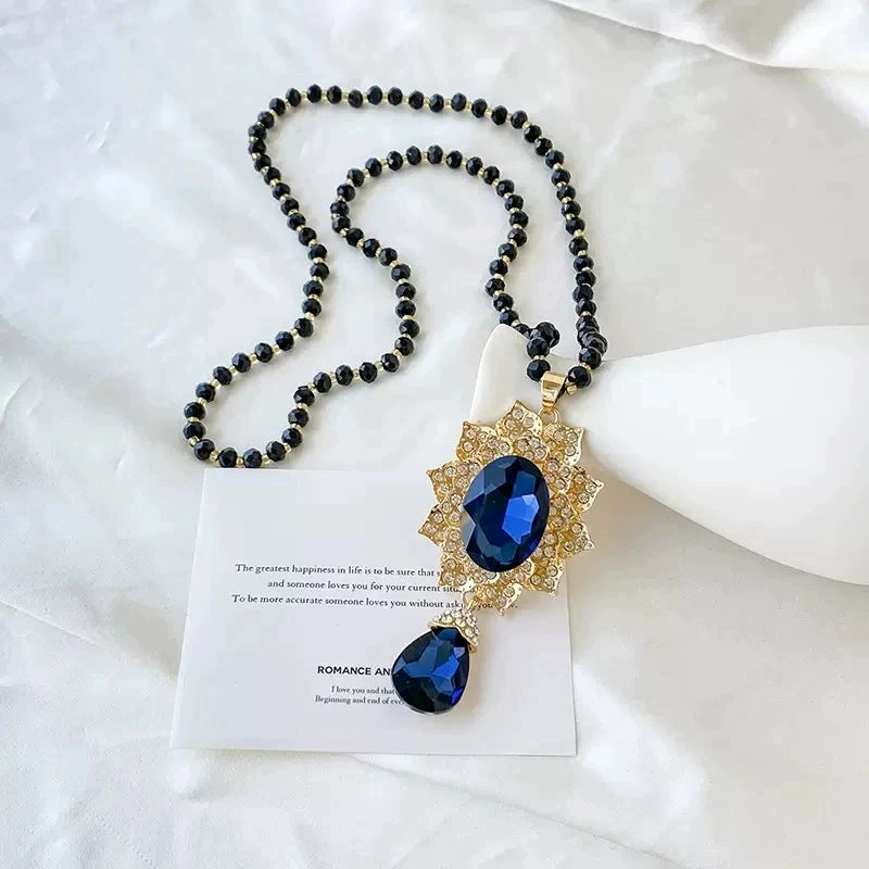 Vintage Deep Blue Crystal Pendant Long Sweater Necklace Round Teardrop Rhinestone Halo Gold Plated Black Beaded Statement Jewelry for Women