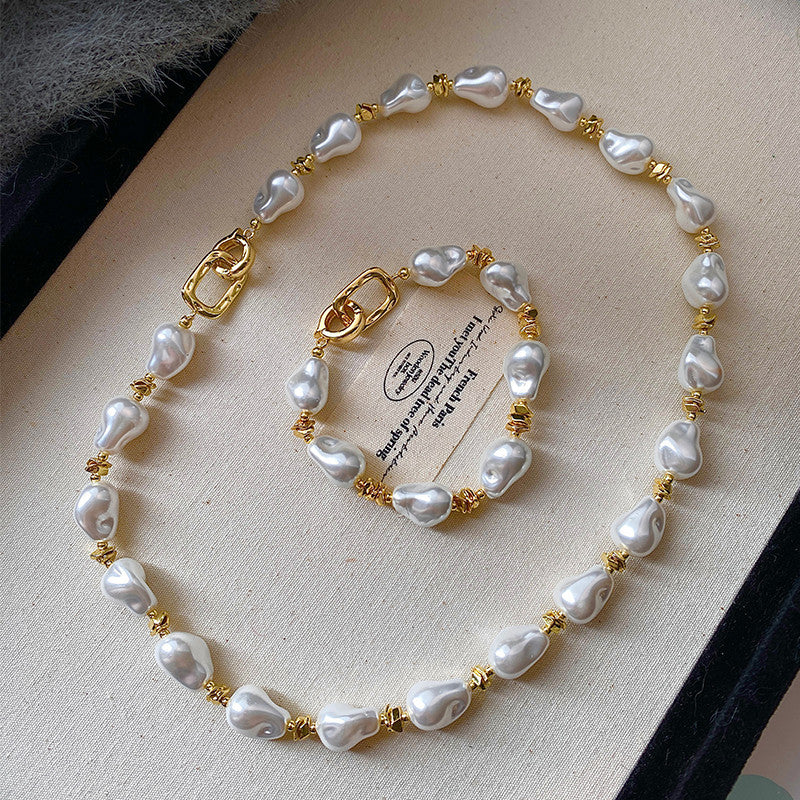 Vintage French Irregular Baroque Faux Pearl Jewelry Set, Chunky Baroque Pearl Choker Necklace & Stackable Bracelet, Gold Plated Toggle Clasp Elegant Bridal Daily Layering Jewelry Gift For Women