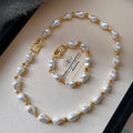 Vintage French Irregular Baroque Faux Pearl Jewelry Set, Chunky Baroque Pearl Choker Necklace & Stackable Bracelet, Gold Plated Toggle Clasp Elegant Bridal Daily Layering Jewelry Gift For Women