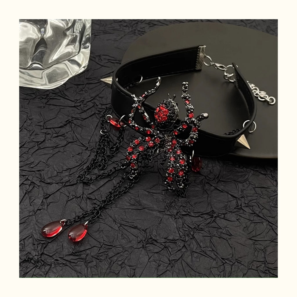 Gothic Red Rhinestone Spider PU Leather Choker, Vintage Spike Tassel Blood Drop Crystal Spider Choker Necklace Halloween Punk Jewelry For Women