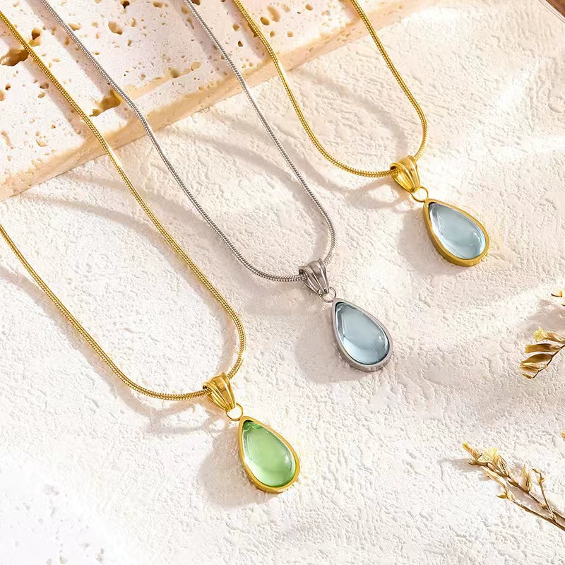 Vintage Teardrop Gem Snake Chain Necklace, Hypoallergenic Titanium Steel Ocean Heart Pendant Choker