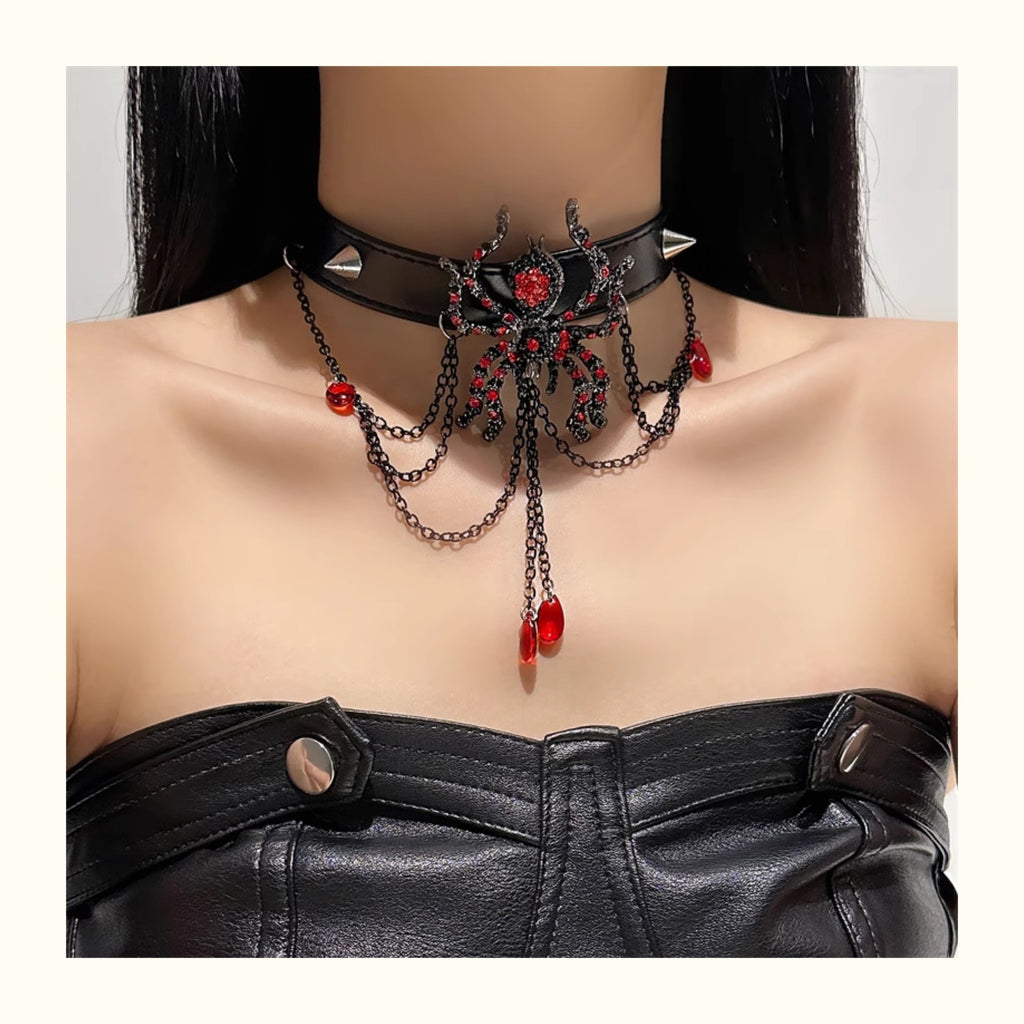 Gothic Red Rhinestone Spider PU Leather Choker, Vintage Spike Tassel Blood Drop Crystal Spider Choker Necklace Halloween Punk Jewelry For Women