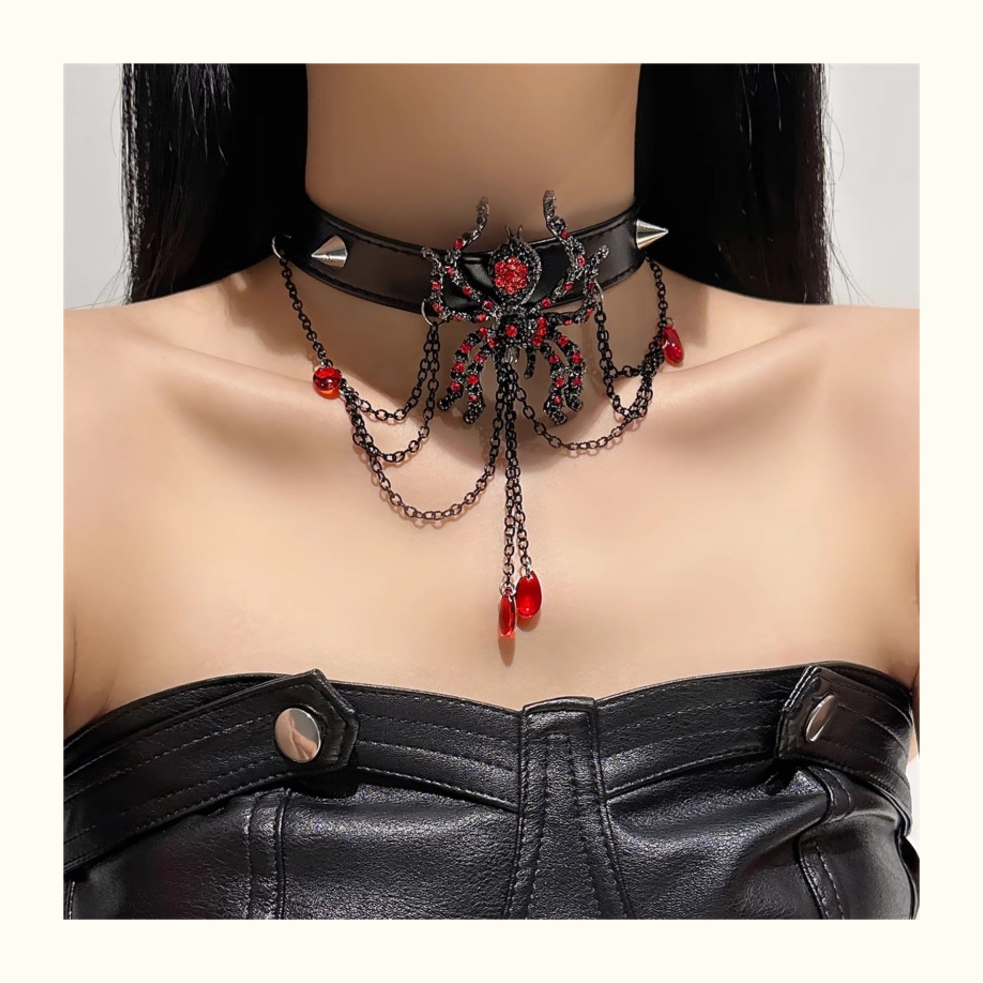 Gothic Red Rhinestone Spider PU Leather Choker, Vintage Spike Tassel Blood Drop Crystal Spider Choker Necklace Halloween Punk Jewelry For Women