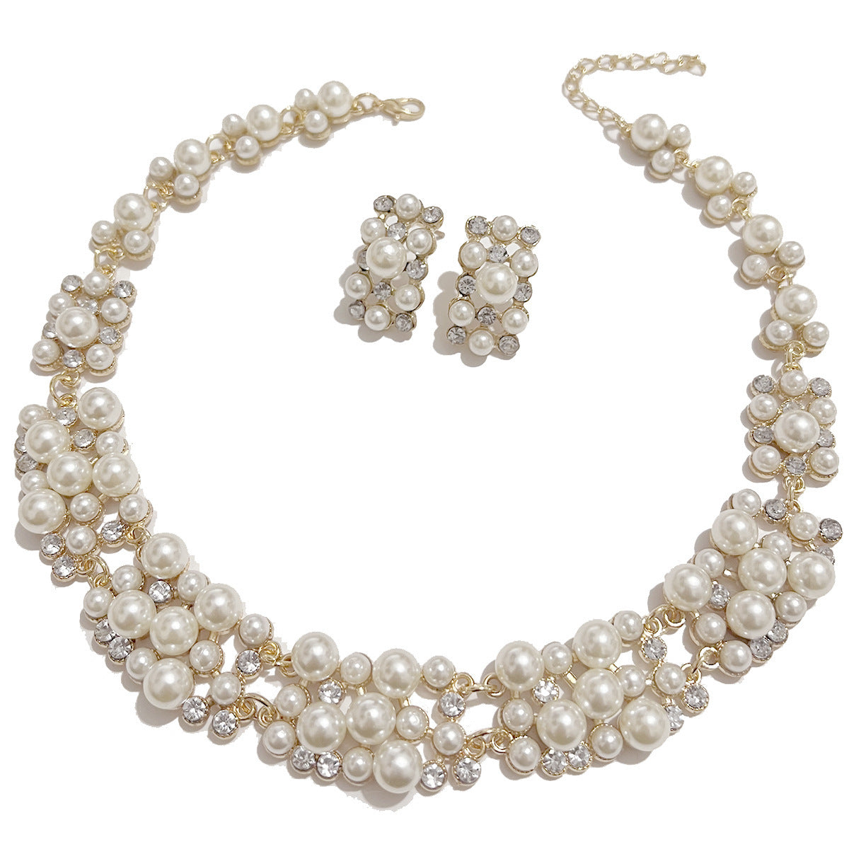 Multi-Size Faux Pearl Rhinestone Choker Jewelry Set, Necklace & Stud Earrings