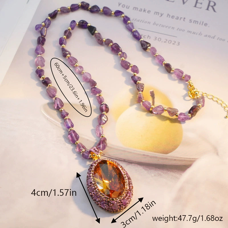 Color Changing Purple Sultan Stone Pendant Sweater Necklace Natural Amethyst Chip Beaded Chain Gold Plated Rhinestone Halo Women Luxury Jewelry