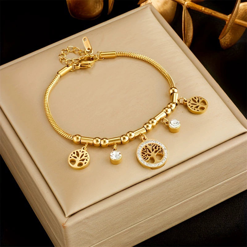 18K Gold Plated Stainless Steel Tree of Life Charm Bracelet, Tarnish Resistant Dainty Crystal Snake Chain Adjustable Bracelet For Women
