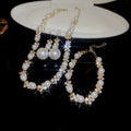 Gold Plated Alloy Pearl Rhinestone Jewelry Set, French Floral Crystal Round Pearl Necklace Bracelet Drop Earrings Matching Set For Women Wedding Party