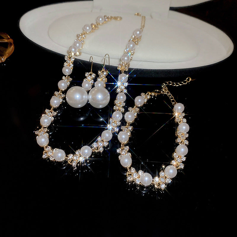 Gold Plated Alloy Pearl Rhinestone Jewelry Set, French Floral Crystal Round Pearl Necklace Bracelet Drop Earrings Matching Set For Women Wedding Party