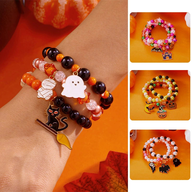 Halloween Cute Ghost Pumpkin Charm Beaded Bracelet Set, 3Pcs Stackable Enamel Charm Stretch Bracelets Witch Bat Mummy Jewelry For Women Kids Party