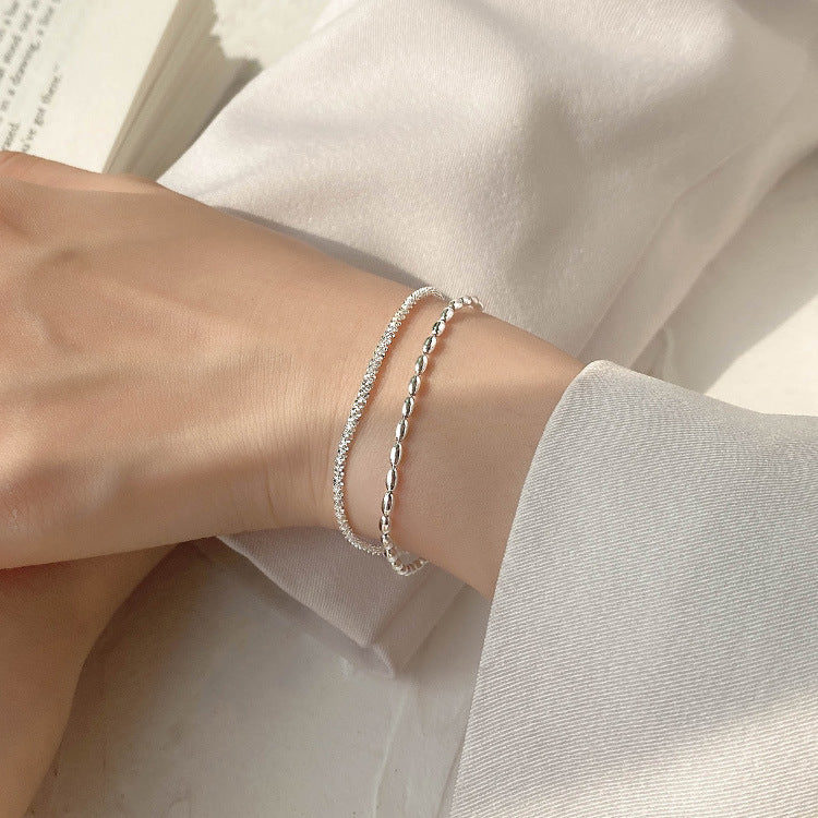 S925 Sterling Silver Double Layer Bracelet, Sparkling Starry Sky Rice Bead Two-Strand Dainty Stack Wrist Chain with Adjustable Extension Chain for Women Minimalist Daily Jewelry