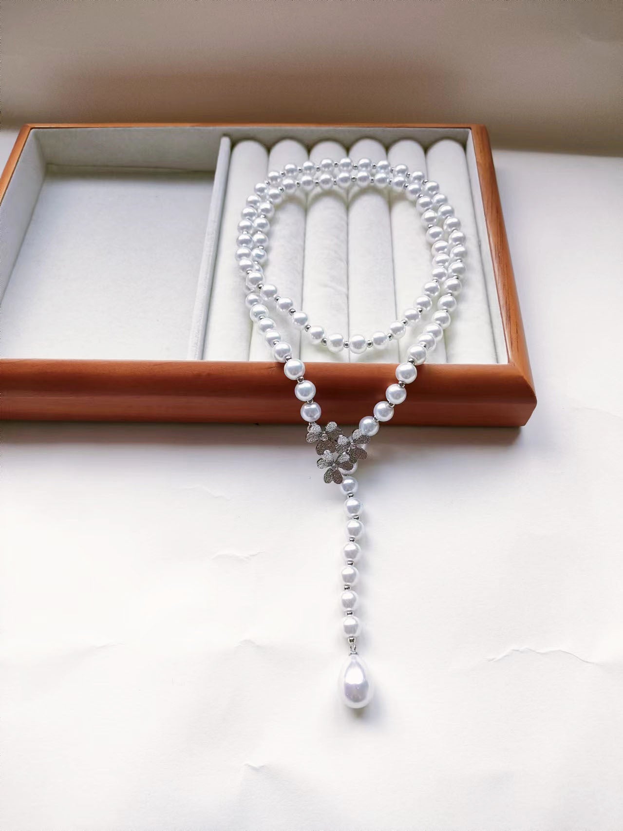Long White Grey Imitation Pearl Sweater Necklace Silver Flower Clasp Teardrop Pendant Women Layering Jewelry