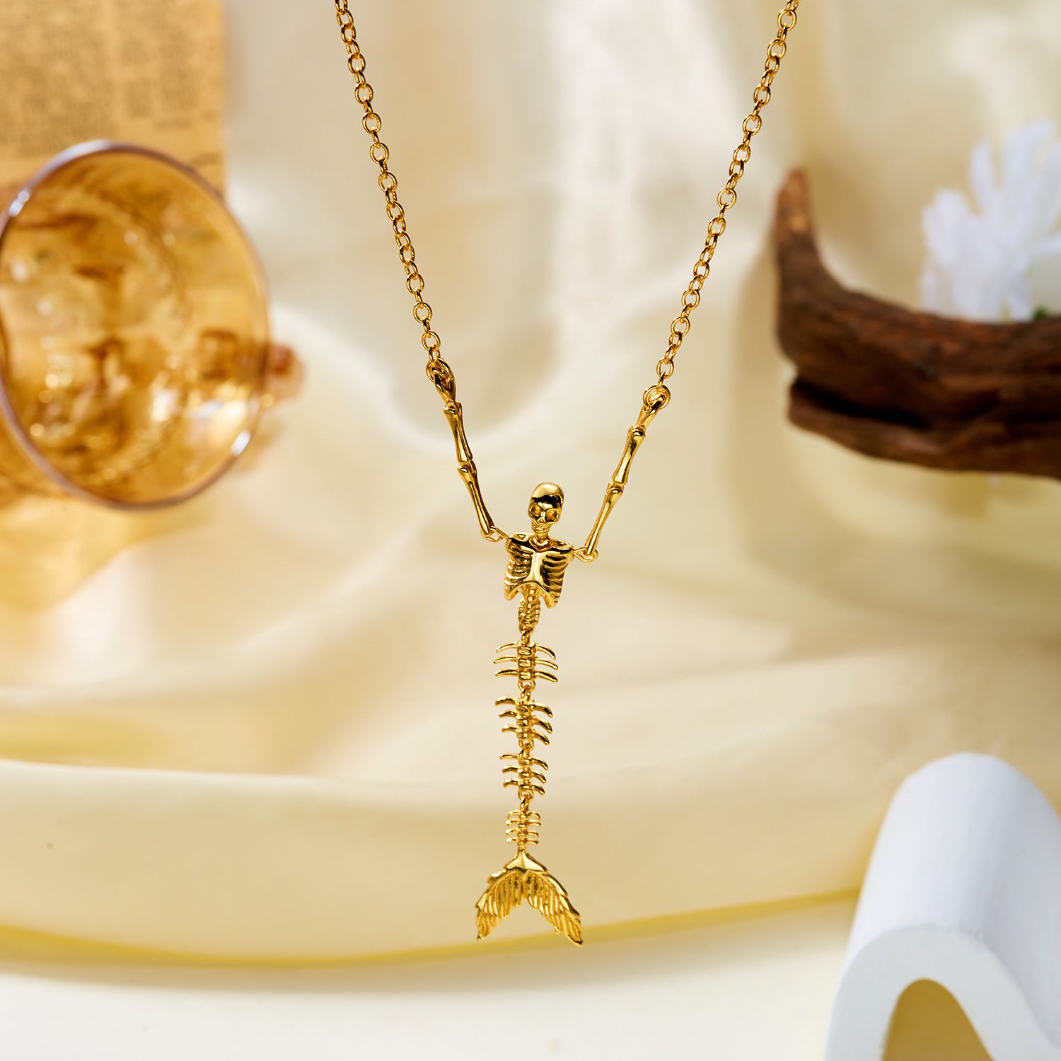 Halloween Golden Skeleton Mermaid Jewelry Set, Skull Mermaid Skeleton Necklace & Dangle Earrings, Pumpkin Smile Face Gothic Mermaid Bone Jewelry, Spooky Halloween Costume Accessory for Women