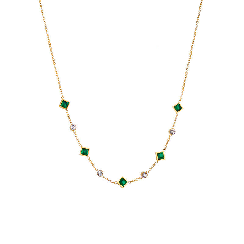 18K Gold Plated Stainless Steel Square Simulated Emerald Crystal 2Pcs Jewelry Set, Tarnish Resistant Dainty Clavicle Necklace & Adjustable Bracelet Set For Women
