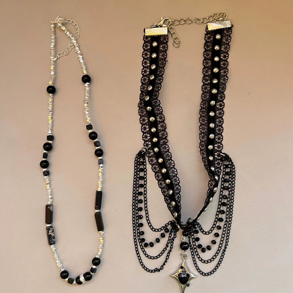 2Pcs Dark Gothic Black Lace Choker & Beaded Chain Necklace Set, Y2K Star Heart Pendant Layered Tassel Choker, Punk Alternative Grunge Jewelry for Women