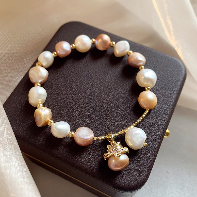 Multicolor Baroque Freshwater Pearl Stretch Bracelet, Irregular Pastel Pink White Pearl Beaded Wrist Bracelet with Paved Crystal Pearl Charm for Women Daily Bridal Wear