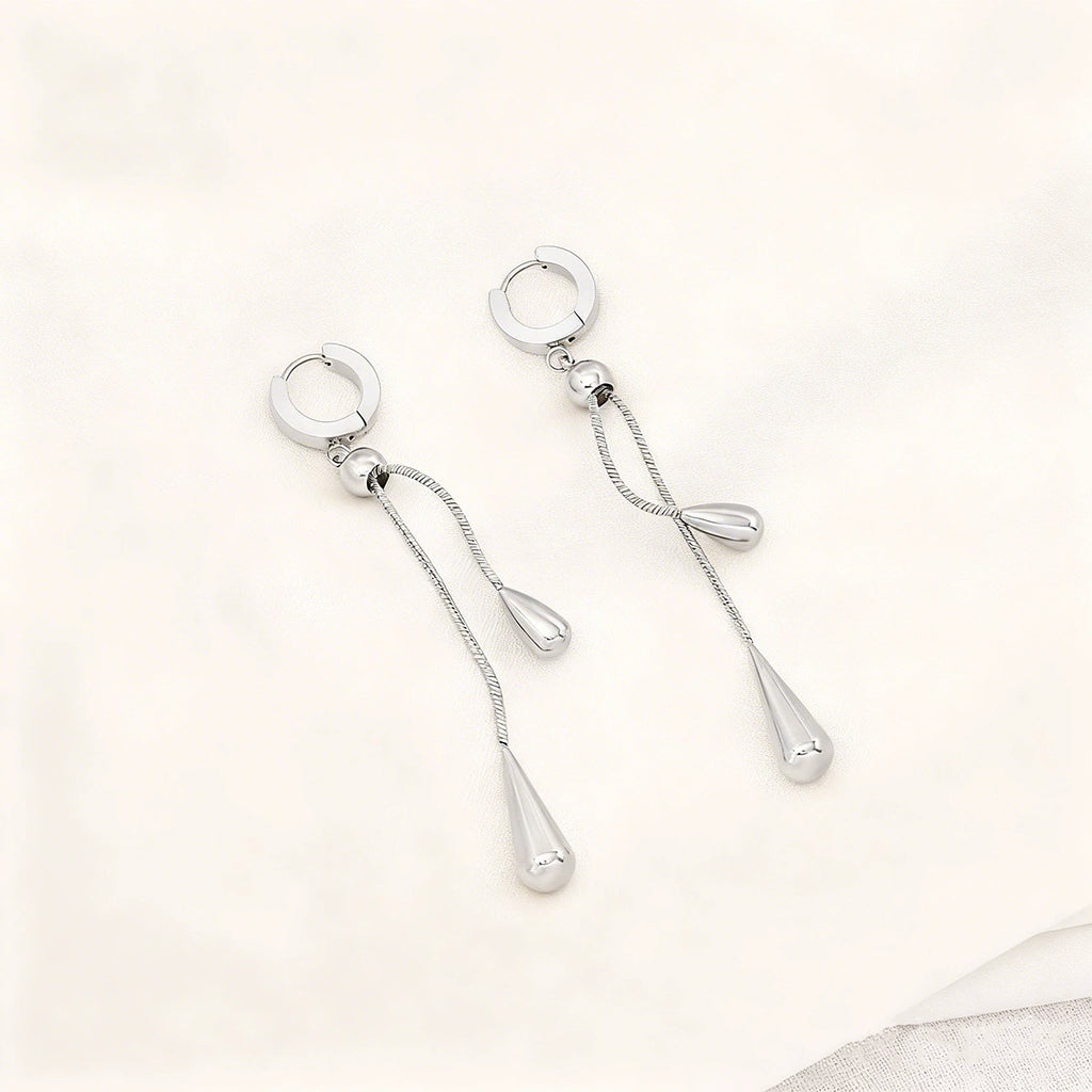Gold Teardrop Tassel Jewelry Set, Adjustable Lariat Necklace & Long Drop Earrings Hypoallergenic Stainless Steel