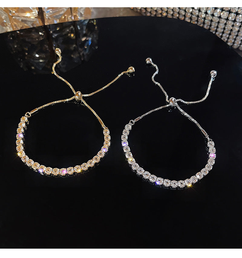 Full Paved Shiny Cubic Zirconia Tennis Bracelet, Adjustable Slide Pull Chain Sparkling Crystal Wrist Bracelet Gold Silver Plated for Women Wedding Party Daily Elegant Jewelry