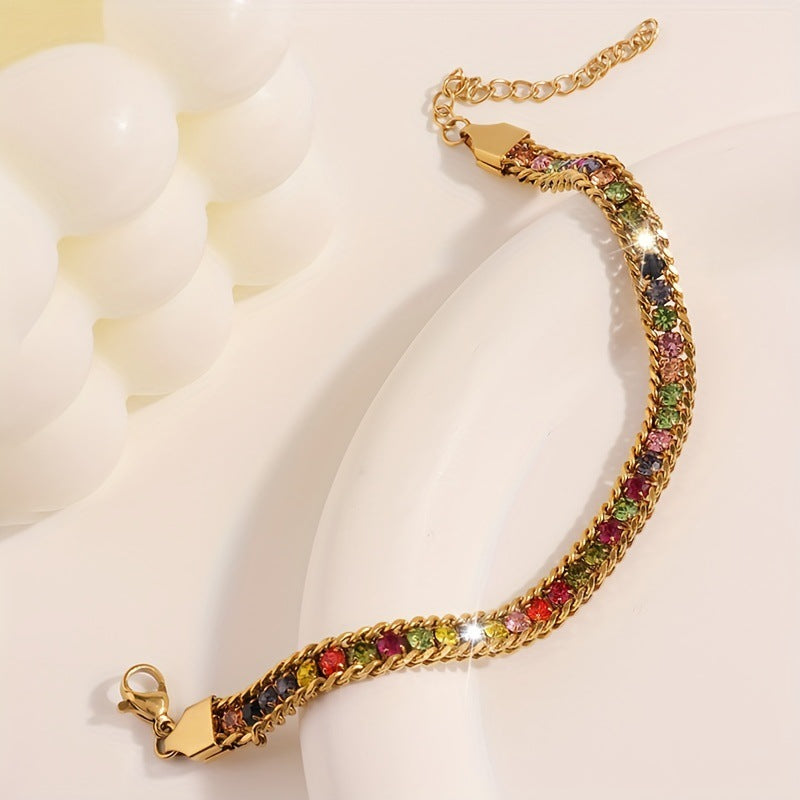 Stainless Steel Cubic Zirconia Crystal Tennis Bracelet, Tarnish Resistant Colourful Rhinestone Chain Bracelet, Fashion Waterproof Adjustable Wrist Jewelry Gift For Women