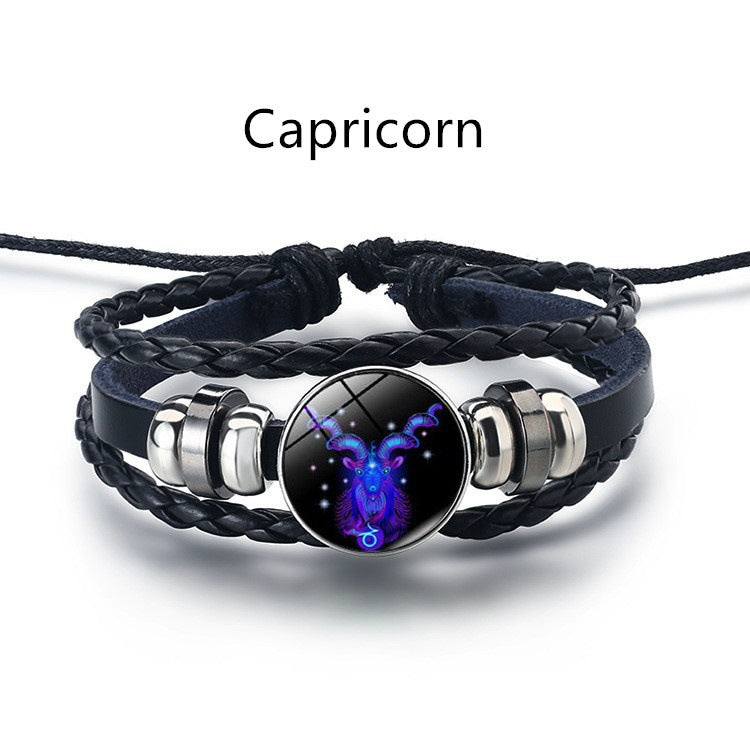 12 Constellation Luminous Braided Leather Bracelet, Adjustable Zodiac Sign Glow In The Dark Wristband For Men Women