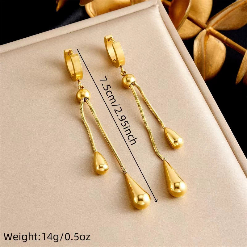 Gold Teardrop Tassel Jewelry Set, Adjustable Lariat Necklace & Long Drop Earrings Hypoallergenic Stainless Steel