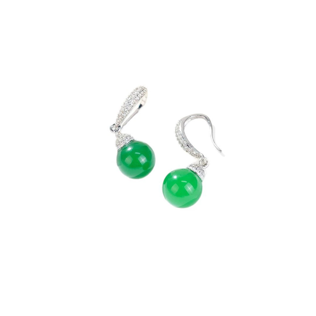 Vintage Natural Green Agate Chalcedony Ball Drop Earrings Paved Clear CZ Hook Dangle Earrings Silver Plated Chinese Style Elegant Daily Wedding Jewelry For Women
