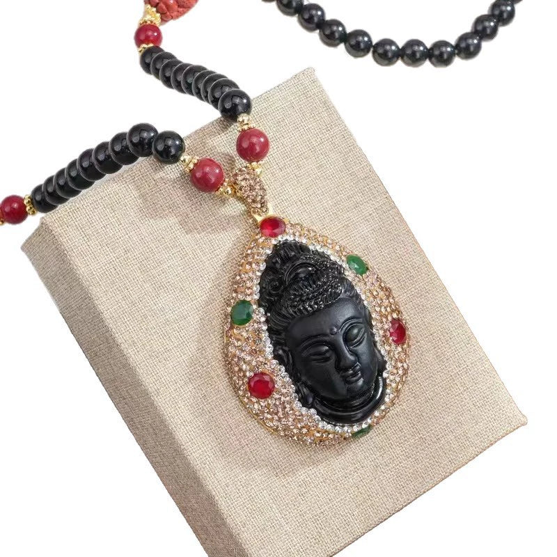 Spiritual Protection Buddha Head Charm Necklace 80cm Adjustable Extension Black Stone Beaded Chain Sparkly Rhinestone Multi-Color Gem Inlay Gold Plated Unisex Sweater Chain