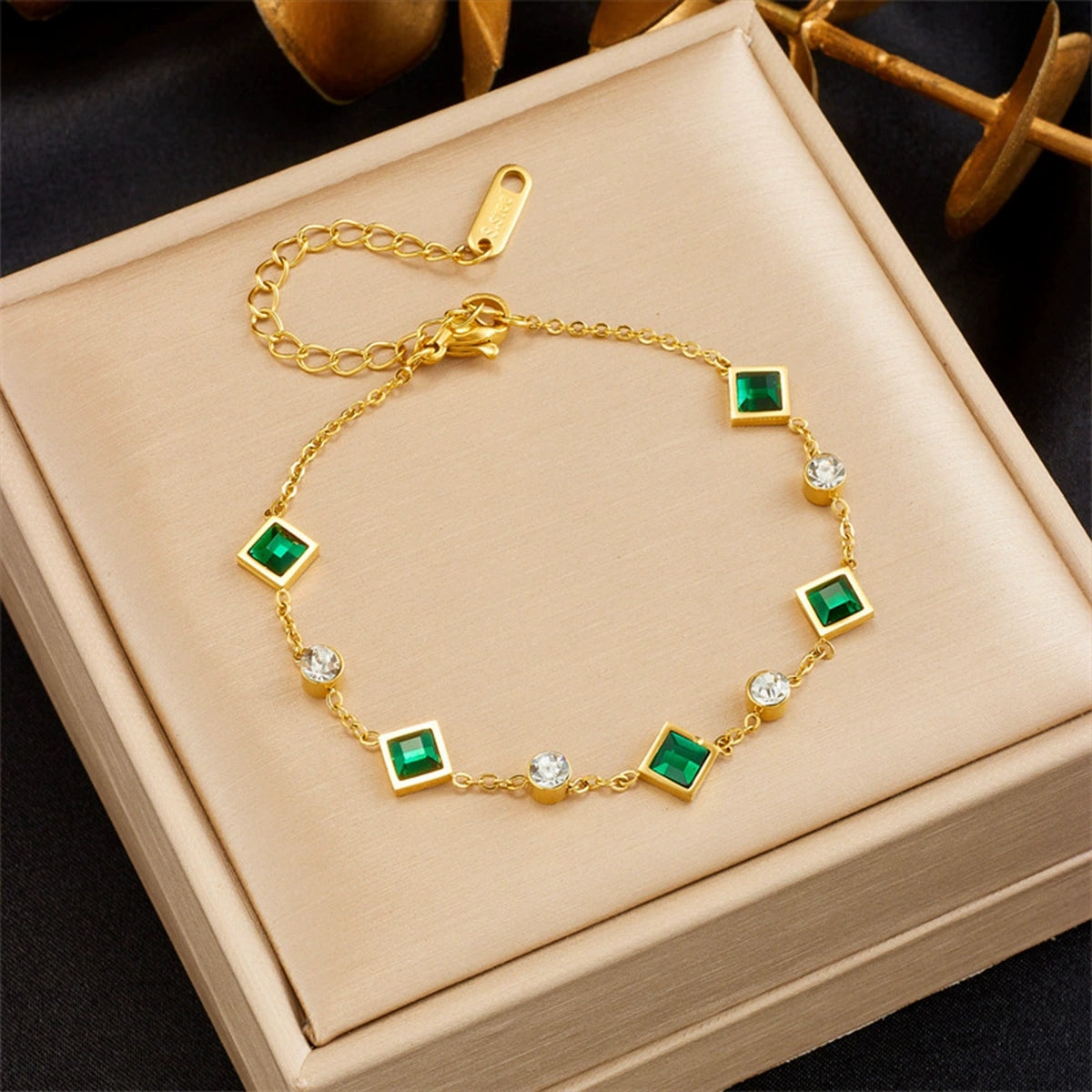 18K Gold Plated Stainless Steel Square Simulated Emerald Crystal 2Pcs Jewelry Set, Tarnish Resistant Dainty Clavicle Necklace & Adjustable Bracelet Set For Women
