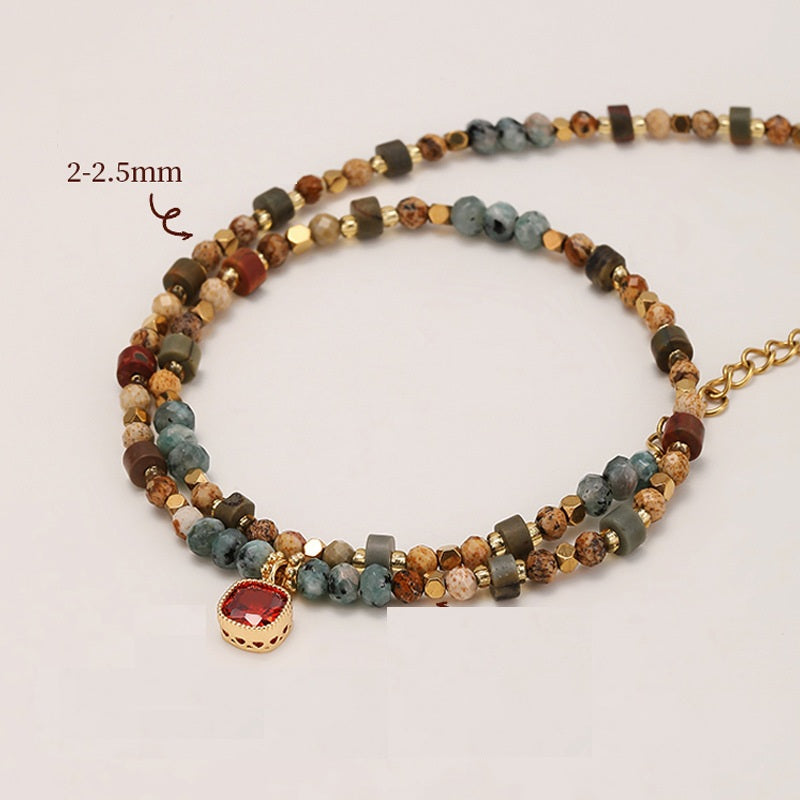 Boho Ethnic Two-Piece Layering Necklace Set, Dopamine Mixed Natural Stone Tiger Eye Beaded Choker with Red Square Cubic Zirconia Pendant & Dainty Tiny Gold Rectangle Tag Stack Chain for Women