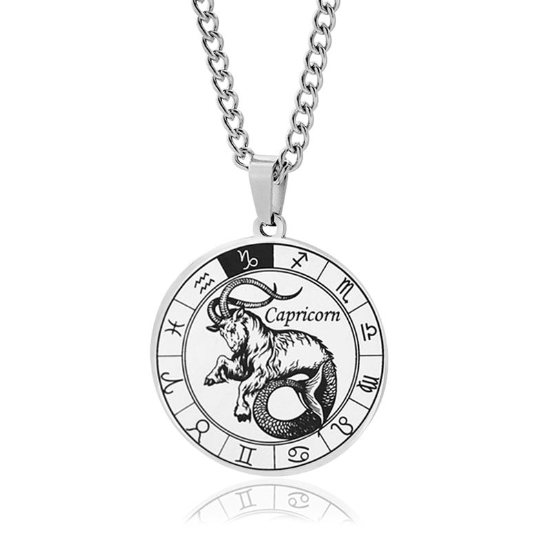12 Zodiac Sign Stainless Steel Pendant Necklace Engraved Horoscope Coin 60cm Curb Chain Unisex Gift