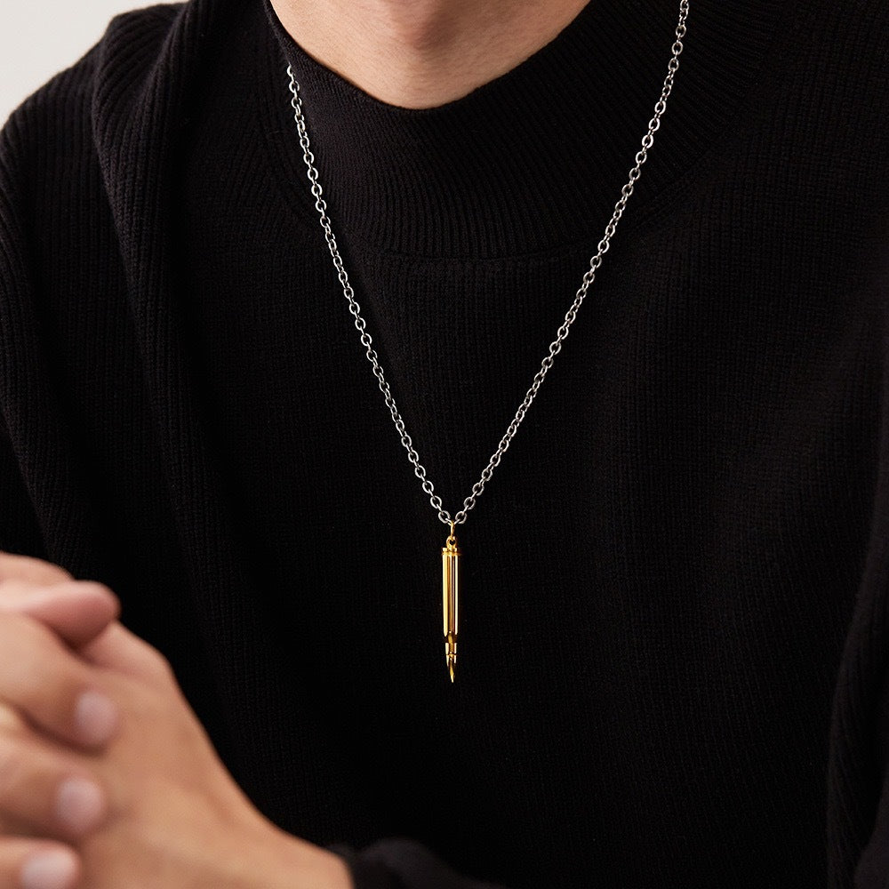 Men Bullet Urn Pendant Stainless Steel Necklace 50cm Rolo Chain 3 Colors Silver Gold Black Punk Hip Hop Unisex Jewelry