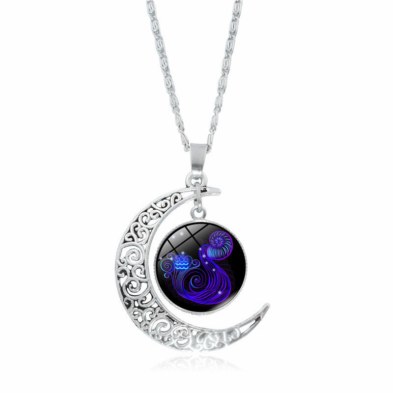 Stainless Steel 12 Constellation Crescent Moon Glass Pendant Necklace noctilucent, Zodiac Sign Time Gem Necklace for man women