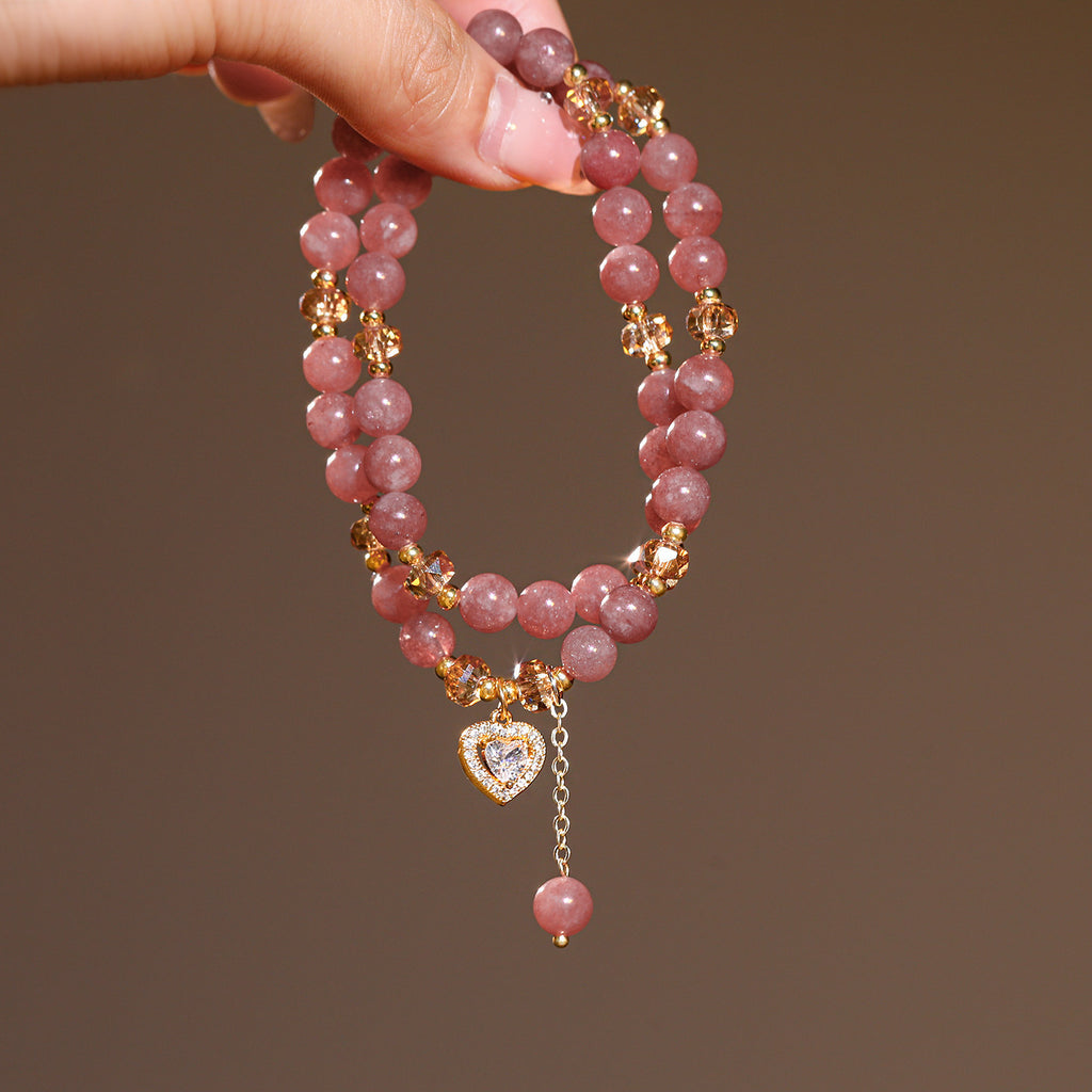 Double Strand Natural Strawberry Quartz Beaded Stretch Bracelet, Paved Crystal Heart Charm Dainty Stackable Wrist Jewelry for Women Valentine Daily Dating