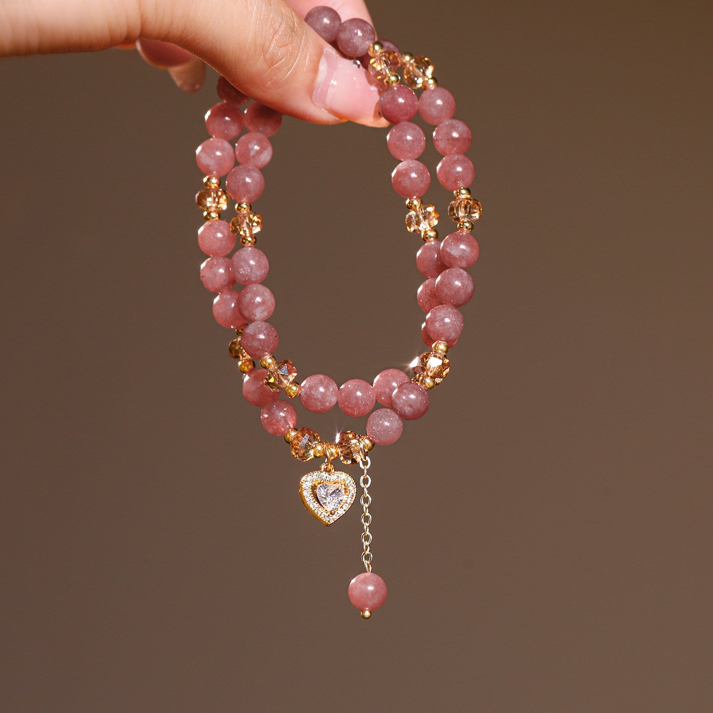 Double Strand Natural Strawberry Quartz Beaded Stretch Bracelet, Paved Crystal Heart Charm Dainty Stackable Wrist Jewelry for Women Valentine Daily Dating